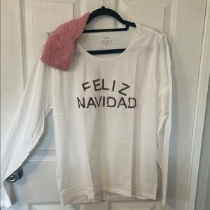 J. Crew White Long Sleeve with Festive Text and ear warmer